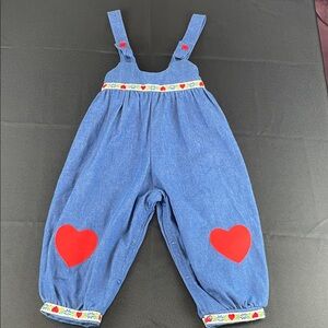 Vintage Blue Denim Kids Overalls with Red Heart knee Accents 4T made in USA